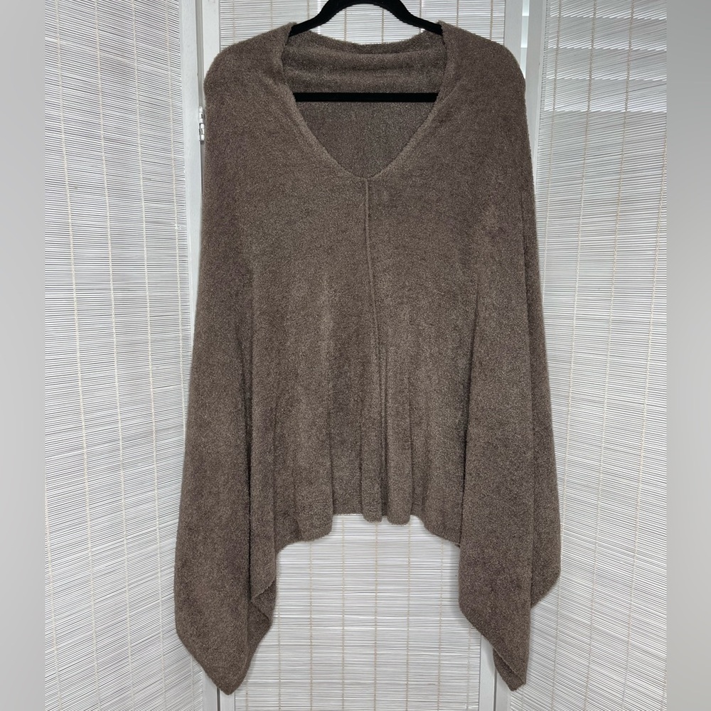 Barefoot Dreams Poncho CozyChic Lite Brown Ribbed Trim Lightweight Knit One Size